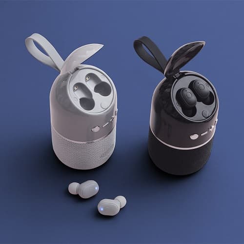 BOCINA BLUETOOTH CON AUDIFONOS INHALAMBRICOS - Artículo Promocional Personalizado