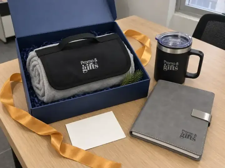 Kit de fin de año: frazada de felpa en caja azul, taza térmica negra y agenda gris con logotipo