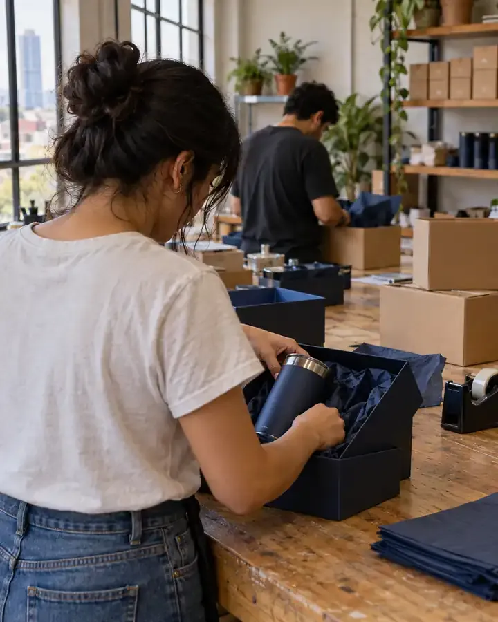 Equipo empacando regalos corporativos en cajas azul marino en un taller de la Ciudad de México