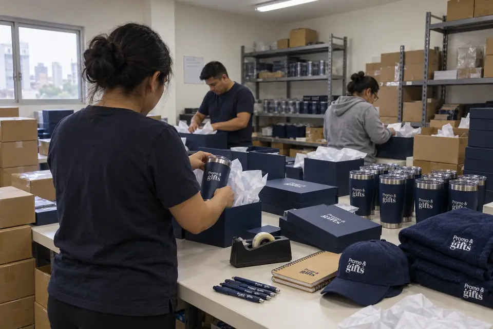 Equipo de Promogifts empacando kits con termos, libretas, gorras y bolígrafos con logotipo