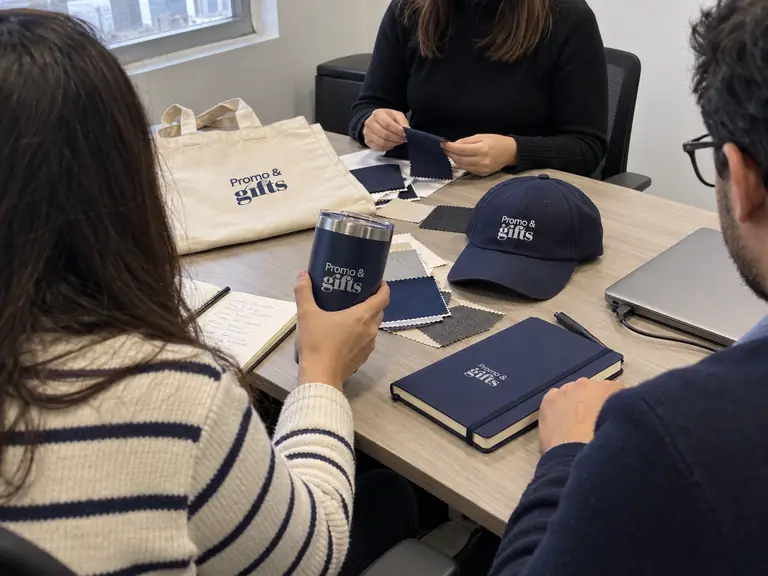 Equipo revisa muestras de tela, gorra, termo y libreta con logotipo para una campaña