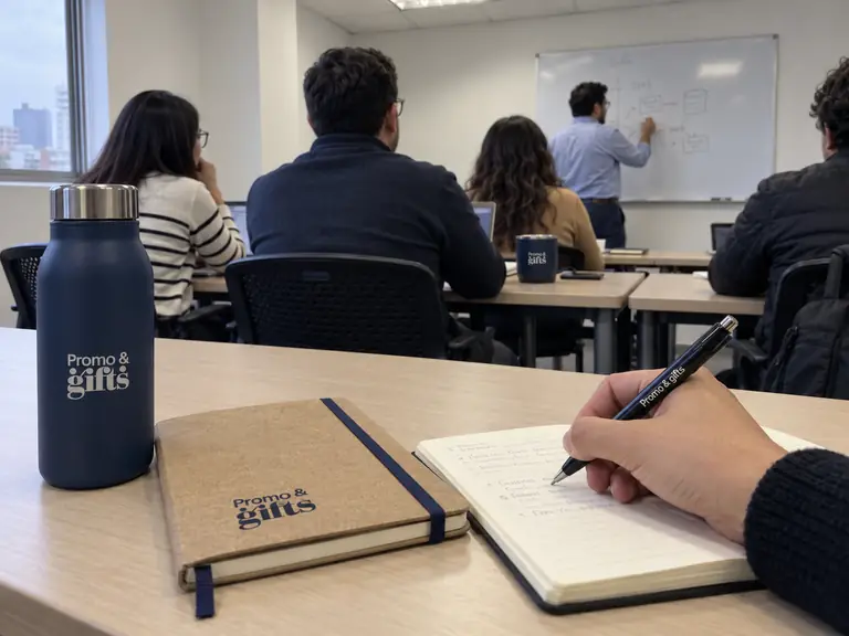 Asistente toma notas en una libreta durante una capacitación, con botella y bolígrafo con logotipo