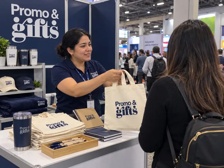 Expositora entrega una bolsa de tela con logotipo a una visitante en un stand de feria comercial