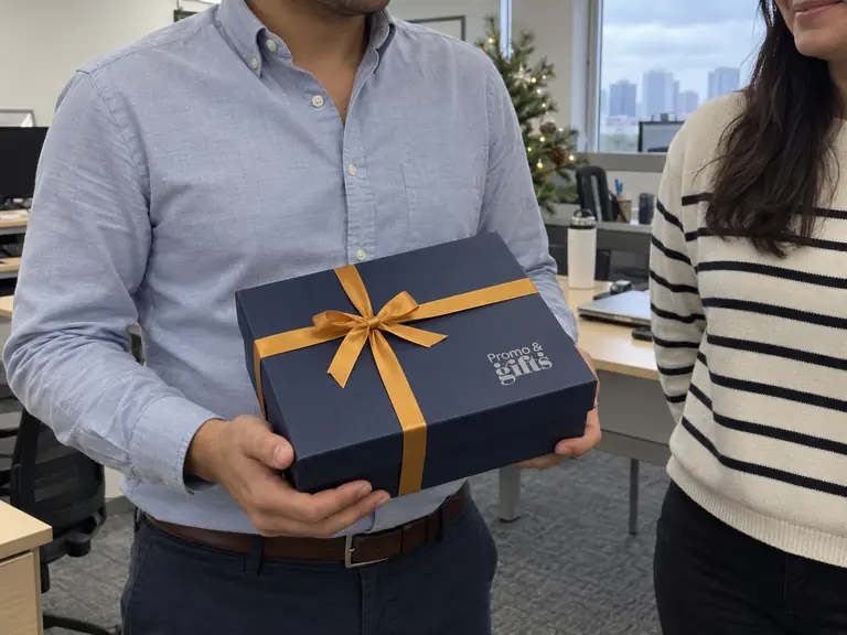 Persona sostiene una caja de regalo azul marino con moño dorado frente a un árbol de Navidad en la oficina