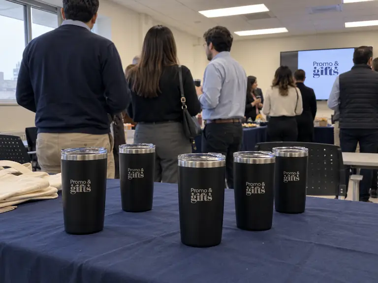 Vasos térmicos negros con logotipo sobre una mesa durante un evento de lanzamiento en una oficina